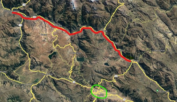 3. Map showing Cusco green and Sacred Valley with Willka Mayu river red Google Earth with markings by author