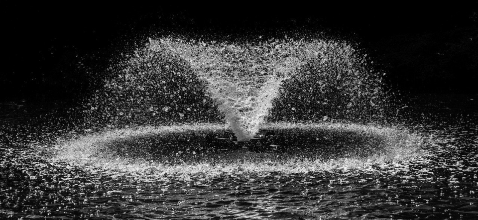 A water fountain is visible against a dark background